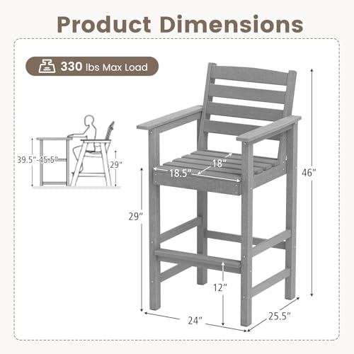 Tangkula Patio Adirondack Chairs Set of 2, HDPE Bar Height Chair with Wide Armrests & Footrest, Outdoor High-Top Slatted Bar Chairs with Backrest for Backyard, Lawn, Poolside (Grey)