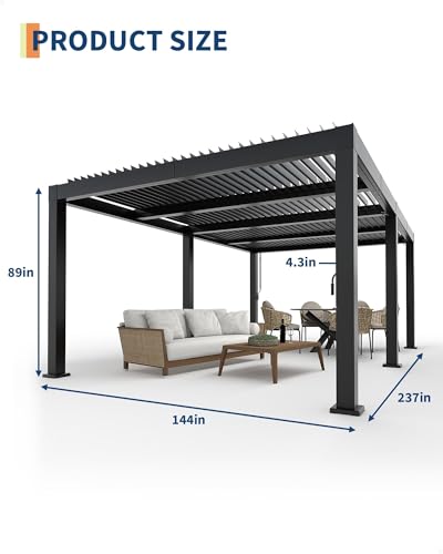 CABIHOME 12' x 20' Louvered Pergola, Outdoor Aluminum Pergola with Adjustable 0°-90° Roof, Reinforced Frame, Hidden Drainage System, Hardtop Gazebo for Patio, Deck, Backyard, Gray