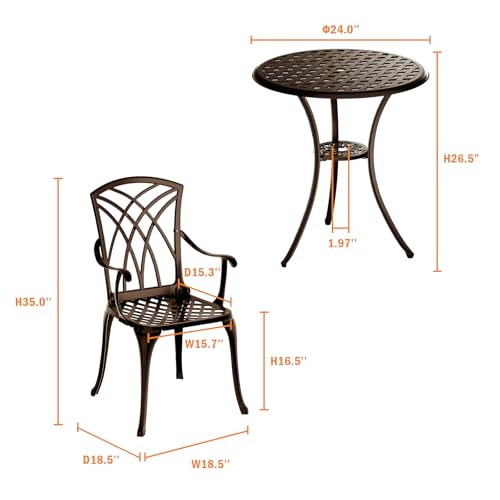 Z1UVDFUR Patio Bistro Set 3 Piece, Cast Aluminum Bistro Set for 2 w/Umbrella Hole, Outdoor Table and Chairs Set of 2, Bistro Set for Balcony/Backyard/Garden, Bronze
