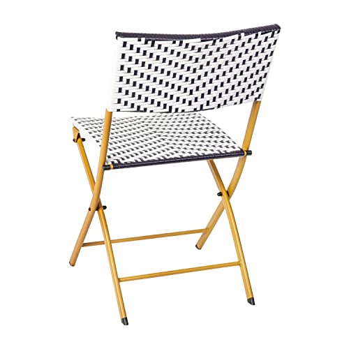 Flash Furniture Rouen Commercial Grade Folding Bistro Set, Indoor/Outdoor PE Rattan Table Top, Back and Seat, Natural Steel Frames, 3 Piece Set, Navy/White