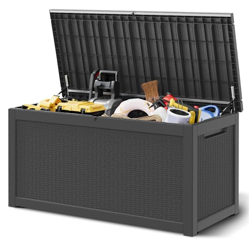 WTFGO 320 Gallon Outdoor Storage Box, Resin Deck Boxes Outdoor Waterproof For Patio Furniture, Garden Tools, Pool Supplies, Lockable And UV Resistant (Rattan Black)