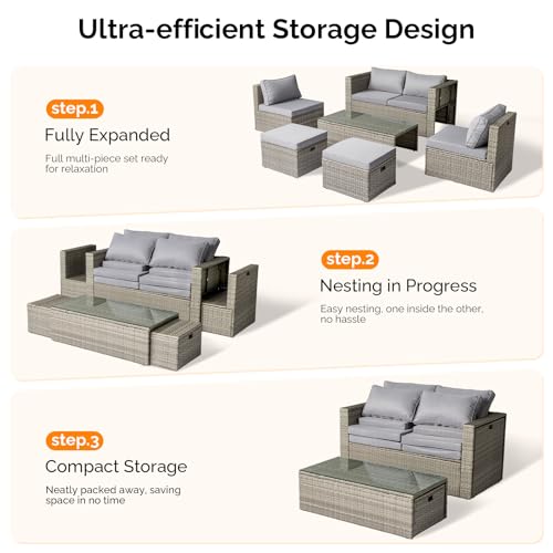 VINGLI 6 Pieces Wicker Patio Furniture Set, Outdoor Sectional Furniture Patio Conversation Set Space-Saving Design with Ottomans and Coffee Table for Garden,Poolside, Backyard(Grey)