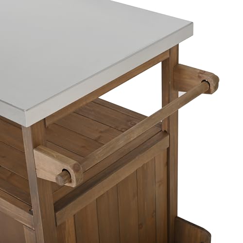 Christopher Knight Home Edsel Outdoor Bar Cart with Stainless Steel Top and Lockable Wheels, Solid Wood Outdoor Storage Cabinet, Kitchen Island Serving Cart for Poolside, Garden, Natural Brown+Silver