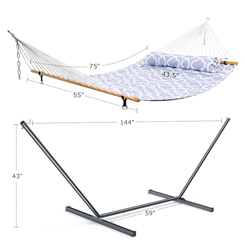 ANAGOO Double Hammock with Stand, Heavy Duty Outdoor Hammock for Two, 500 LBS Capacity, Stable Steel Frame with Balance Strap, Easy Tool-Free Assembly for Patio, Garden, Backyard & Beach,White Grey