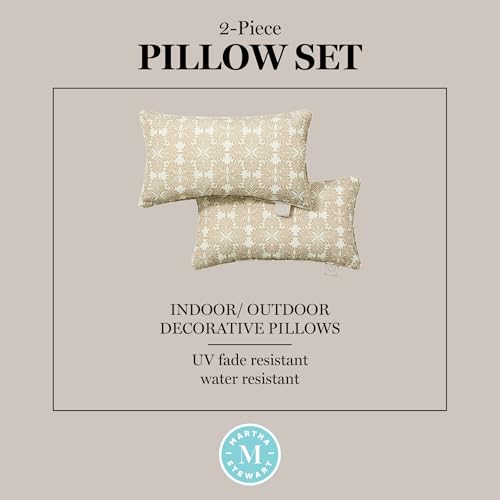 Martha Stewart Tulum Indoor Outdoor Decorative Lumbar Pillow 2-Pack Set, UV Fade Resistant, Water Repellent, Printed Modern Design, Taupe, 11"x18"
