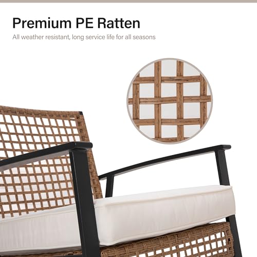 EO Living 3 Piece Rocking Patio Bistro Set, Outdoor Bistro Sets Wicker Patio Furniture Rocking Chairs Sectional Couch and 2-Tier Coffee Table for Garden, Balcony, Backyard (Beige)