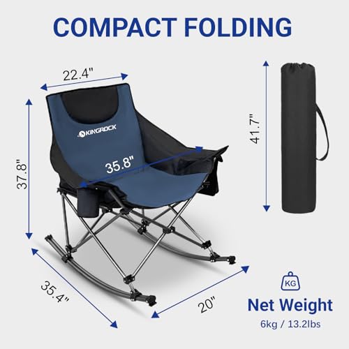 KINGROCK Oversized Rocking Camping Chair with Headrest and Carry Bag, 260LBS Capacity Folding Portable Camp Chairs for Adults, Recliner for Outdoor, Beach, Fishing, Travel, Sports Games,Navy Blue