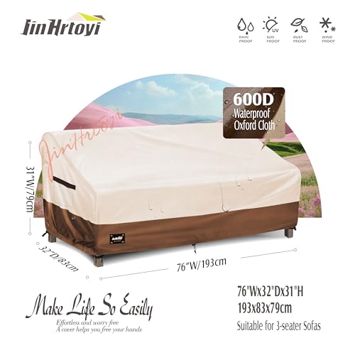 JinHrtoyi 3-Seater Outdoor Couch Cover, 76Wx32Dx31H inches Outdoor Furniture Covers Waterproof,100% Waterproof Heavy Duty Patio Furniture Covers,Beige&Brown Modern Style Outdoor Sofa Cover