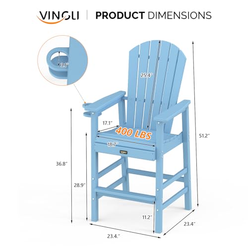 VINGLI Tall Adirondack Chairs Set of 2, All-Weather Plastic Adirondack Chair with Cup Holders, Heavy-Duty HDPE Outdoor Bar Stools for Patio, Balcony, Pool, Backyard (Blue, 2 PCS)