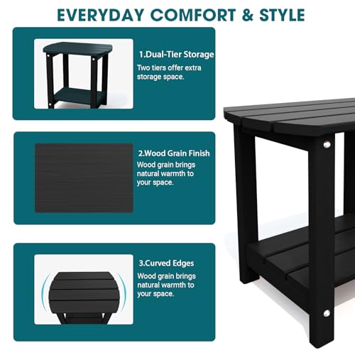 THOEOE Adirondack Outdoor Side Table, 2-Tier Sturdy Patio End Table Weather Resistant, Morden Side Table for Patio, Pool, Porch, Black