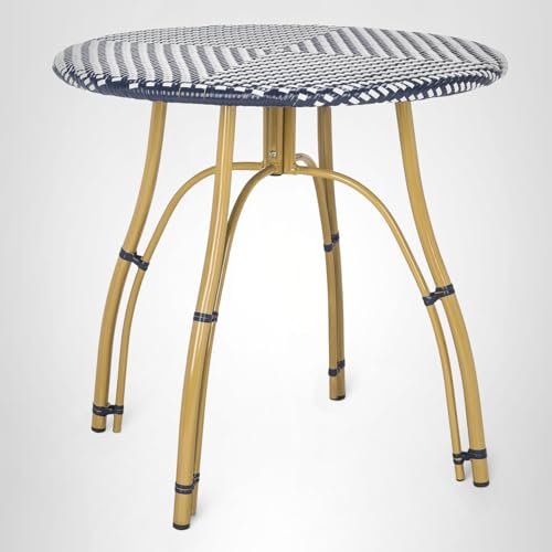 SAFAVIEH Outdoor - Kylie Bistro Side Table - Navy & White - Faux Wicker & Aluminum Frame - Parisian Round Bistro Design - Ideal for Patio, Deck, Sunroom, Dining Area, 31.5"W x 31.5"D x 30"H (PAT4011A)
