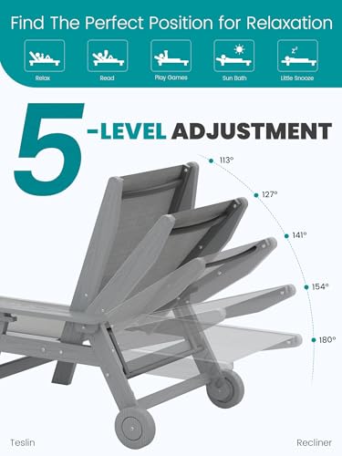 SERWALL Textilene Patio Chaise Lounge Chair, 5 Positions Adjustable Outdoor Lounger with Rolling Wheels for Pool, Deck, Gray