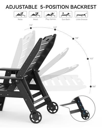 Carauci Lounge Chair Outdoor, HDPE Chaise Lounge with Wheels, 5-Position Adjustable Backrest & 2 Cup Holders Patio Lounge Chair, All-Weather Pool Sun Lounger for Poolside, Backyard, Black