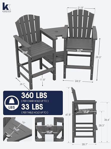 KINGYES Tall Adirondack Chair Set of 2, All-Weather HDPE Outdoor Adirondack Barstools with Removable Double Connecting Trays, High Airondack Chair with Wood Grain, Embossed Balcony Chair, Gray