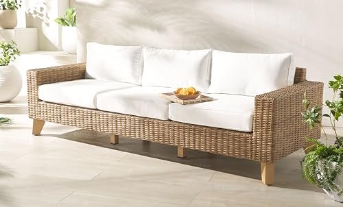 SAFAVIEH Couture Outdoor - Margarita Wicker Sofa - Brown & White - Performance Linen & Aluminum Frame - Ideal for Patio, Deck, Porch, Backyard, 94.5"W x 33.5"D x 27.2"H (CPT2102A)