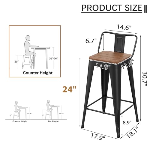 HAOBO Home 24" Outdoor Barstools Patio Stool Metal Bar Stools Set of 4 Counter Height Barstools with Wood Plastic Seat Industrial Bar Chairs Metal Kitchen Stools