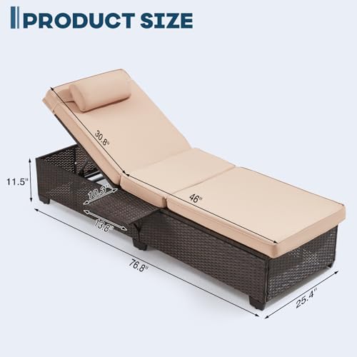 Yalissey Outdoor Lounge Chairs, Pool Lounge Chairs Set of 2, Outdoor Chaise Lounge with Adjustable Backrest & Cup Holder,Khaki Cushion