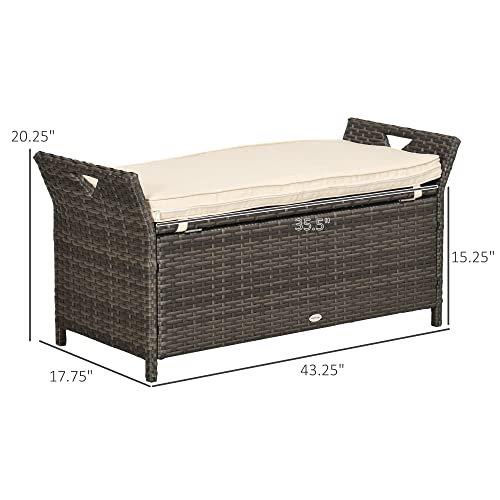 Outsunny 29 Gallon Patio Wicker Storage Bench, Outdoor PE Rattan Furniture, 2-in-1 Large Capacity Rectangle Garden Storage Box with Handles and Cushion, Cream White