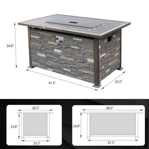 NOBLEMOOD 48 INCH Propane Fire Pit Outdoor Fire Table w/Faux Ledgestone Base, 50,000 BTU Gas Fire Pit Table w/Metal Table Top, Dustproof Cover for Outdoor, Patio, Garden, CSA Certification