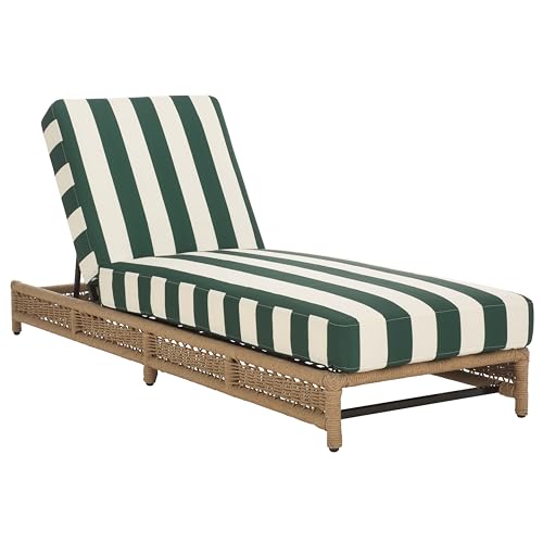 SAFAVIEH Outdoor Patio Furniture Collection - Callan Heather Tan Rope Chaise Lounge Chair, Hunter Green Stripe Cushion, 6 Reclining Positions, Fully Assembled (PAT7547H)