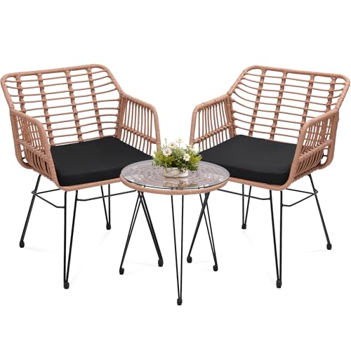 KROFEM 3 Piece Wicker Patio Bistro Furniture Set, Includes 2 Rattan Chairs and Glass Top Table, Ideal for Porch, Outdoor, Backyard, Apartment, Balcony, Natural