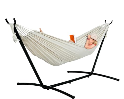 Lazy Daze Portable Hammock with Stand, Free Standing Hammocks for Indoor Outdoor Patio Yard, Has a Carrying Bag and Pillow, 9ft Steel Hamacas Heavy Duty 2 Person Amaca 450 lbs Capacity(White)