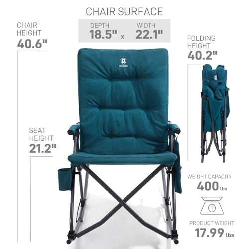 EVER ADVANCED Oversized Folding Rocking Camping Chair, Padded Portable Rocker Chair for Patio, Lawn and Outdoors, Heavy Duty Hard Armchair for Adults Supports 400lbs, Green