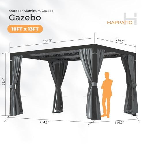 HAPPATIO Louvered Pergola 10‘ x13’ Outdoor, Aluminum Frame with Adjustable Rainproof Roof, Patio Pergola with Curtains and Mosquito Nets, Aluminum Frame for Patio, Backyard, Deck, Garden (Gray)