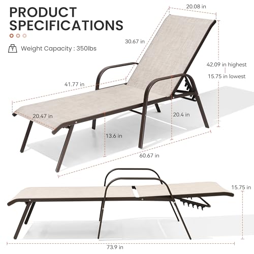 Crestlive Products Outdoor Chaise Lounge Chair,5-Position Pool Lounge Chairs with Armrests Sunbathing Recliner for Patio, Beach, Deck, Yard (2PC Beige)