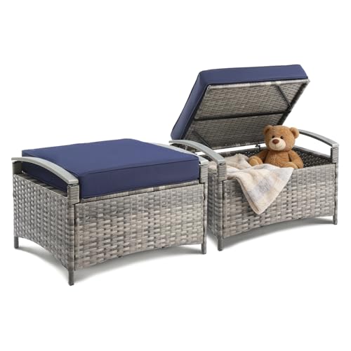 VINGLI 2 Pieces Rattan Ottoman with Storage, Wicker Patio Furniture w/Removable Cushion, Multipurpose Footrest Stool for Outdoor (Classic Gray)