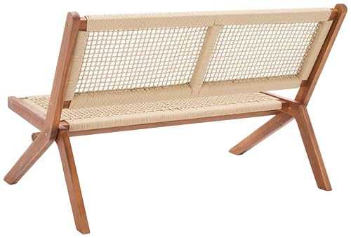 SAFAVIEH Outdoor - Kobina Folding Bench - Natural & Natural - Solid Wood and Rope - Modern Sculpted Folding Design - Ideal for Patio, Deck, Porch, Backyard, 13.8" Seat Height (PAT7304A)
