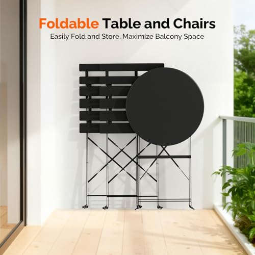 VINGLI Outdoor Folding Bistro Table and Chairs Set of 2, 3-Piece Bistro Set with Premium Steel Frame for Patio, Balcony, Garden, Porch, Yard, Black