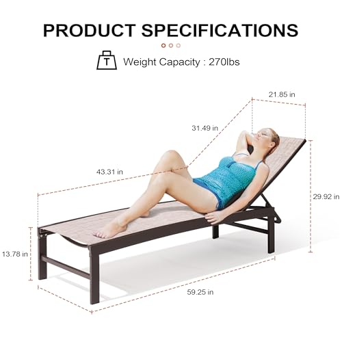 Crestlive Products Lounge Chair Outdoor Set of 2, Metal Pool Chaise Lounge Chairs, Adjustable Five-Position Tanning Recliner, All Weather for Patio, Beach, Yard, Pool (Beige)