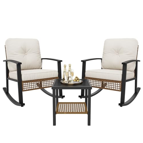 Aoxun 3-Piece Outdoor Rocking Bistro Set, Patio Furniture Set with Coffee Table and Thick Cushions, Wicker Rocking Chairs Set of 2 for Garden, Balcony, Backyard, Poolside (Beige)