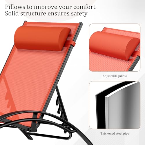 AthLike 3 pcs Poolchairs Patio Chaise Lounge Set with Headrest, 5-Level Adjustable Sunbathing Tanning Poolside Recliner Chairs with Side Table for Outdoor Beach (Orange)