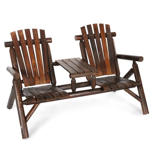 EPICOZY Outdoor 2-Person Wooden Adirondack Bench, Conversation Furniture Set with Patio Rustic Loveseat & Built-in Table, Carbonized Garden Bench Fire Pit Chair for Backyard Porch Pool Deck
