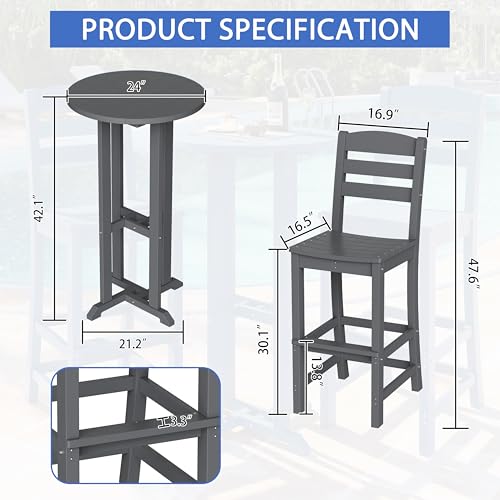 Shintenchi 3 Pieces Outdoor High Top Bar Set, 1 Patio High Top Round Table and 2 Bar Height Tall Adirondack Chair, All-Weather Outdoor Bistro Bar Set for Balcony Pool Deck, Dark Grey