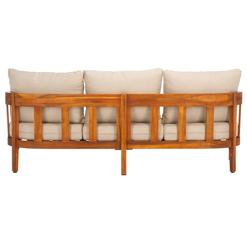 SAFAVIEH Outdoor - Owen 3-Seat Sofa - Natural & Taupe - Solid Wood with Cushion - Mid-Century Coastal Slatted Design - Ideal for Patio, Deck, Porch, Backyard, 15" Seat Height (PAT7091A)