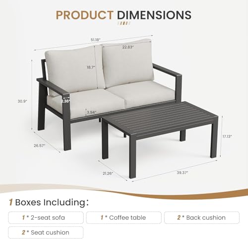 VONZOY Outdoor Loveseat with Coffee Table Small Furniture Aluminum Patio Love Seat Couch Outdoor Chairs with 4" Cushion Loveseats Sofa for Poolside,Balcony,Deck,Yard