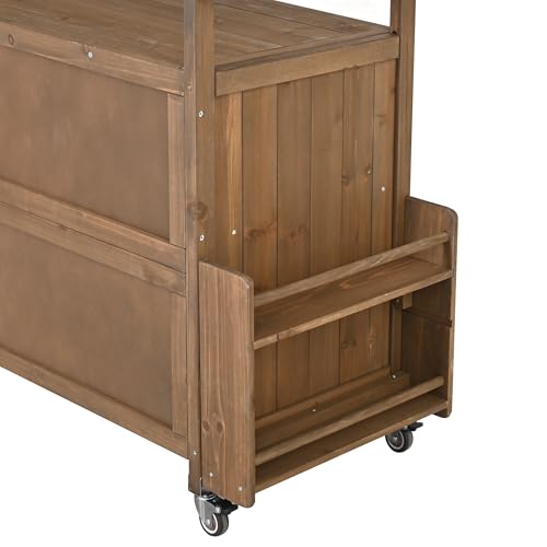Christopher Knight Home Edsel Outdoor Bar Cart with Stainless Steel Top and Lockable Wheels, Solid Wood Outdoor Storage Cabinet, Kitchen Island Serving Cart for Poolside, Garden, Natural Brown+Silver