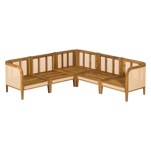 Merax 5 Piece Patio Outdoor Furniture Set, All-Weather Rattan Wicker L-Shaped Sectional Sofa w/Coushions, Acacia Wood 5-Seater Couch Set for Porch, Lawn, Backyard, Balcony, Teak+ Beige