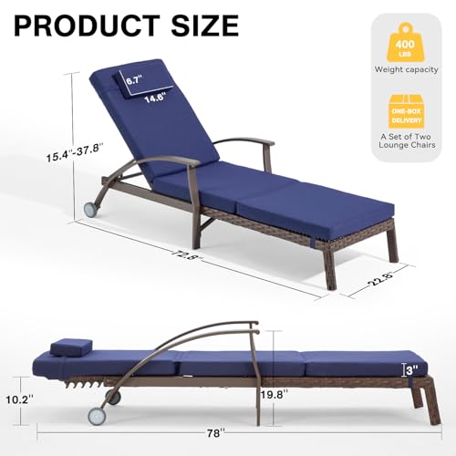 Mvpipi Outdoor Chaise Lounge Chairs Set of 2 with Wheels & Adjustable Backrest, Pool Lounge Chairs Set of 2 with Cushions, Wicker Poolside Lounge Chairs for Patio Deck Backyard, Blue