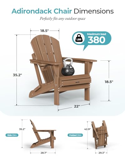 Ciokea Folding Adirondack Chair Wood Texture, Patio Adirondack Chair Weather Resistant, Plastic Fire Pit Chair with Cup Holder, Lawn Chair for Outdoor Porch Garden Backyard Deck (Teak)