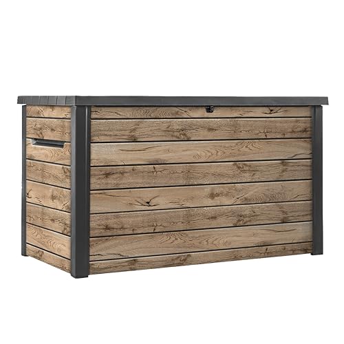 Keter Signature Collection 230 Gallon Resin Deck Box Organization and Storage Box for Patio Outdoor Cushions, Throw Pillows, Garden Tools and Pool Supplies, Pine