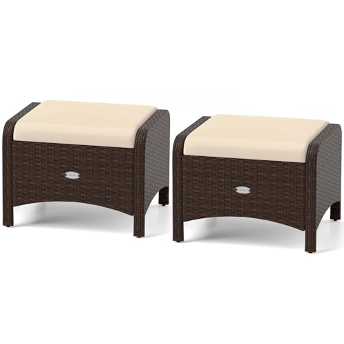 RELAX4LIFE Wicker Outdoor Ottomans for Patio - Set of 2 Rattan Footstools w/Removable Cushions, Multipurpose Outside Foot Rest, Side Table & Additional Seating for Porch Garden Backyard (Beige)