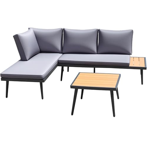 Devoko Patio Furniture Set,6 Pieces Outdoor Sectional Sofa with Cup Holder and 7.87in Wider Armrest, PE Wicker Backyard Couch Set with Coffee Table&Glass Tabletop for Deck, Porch