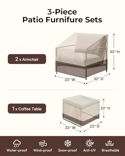 Loriano Patio Furniture Covers Set, 3 Piece Outdoor Furniture Cover Waterproof, 600D Heavy Duty Lawn Furniture Covers Set