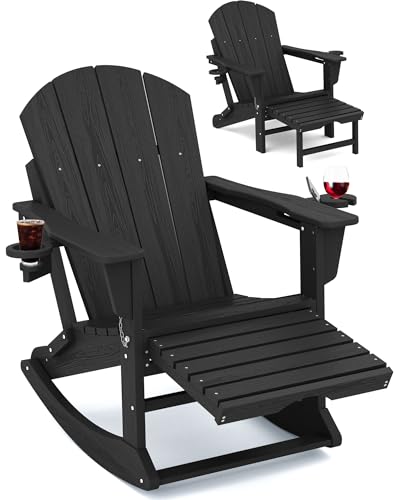 KINGYES Adirondack Rocking Chair with Retractable Ottoman and Cup Holders, HDPE Adirondack Rocker Patio Rocking Chair for Porch, Patio, Balcony, Black