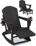 KINGYES Adirondack Rocking Chair with Retractable Ottoman and Cup Holders, HDPE Adirondack Rocker Patio Rocking Chair for Porch, Patio, Balcony, Black