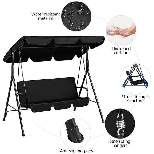 Yaheetech 3-Seat Patio Swing Chair, Outdoor Canopy Porch with Adjustable Canopy & Removable Cushion, Hanging Glider Lounge Chair for Patio, Garden, Yard, Porch - Black